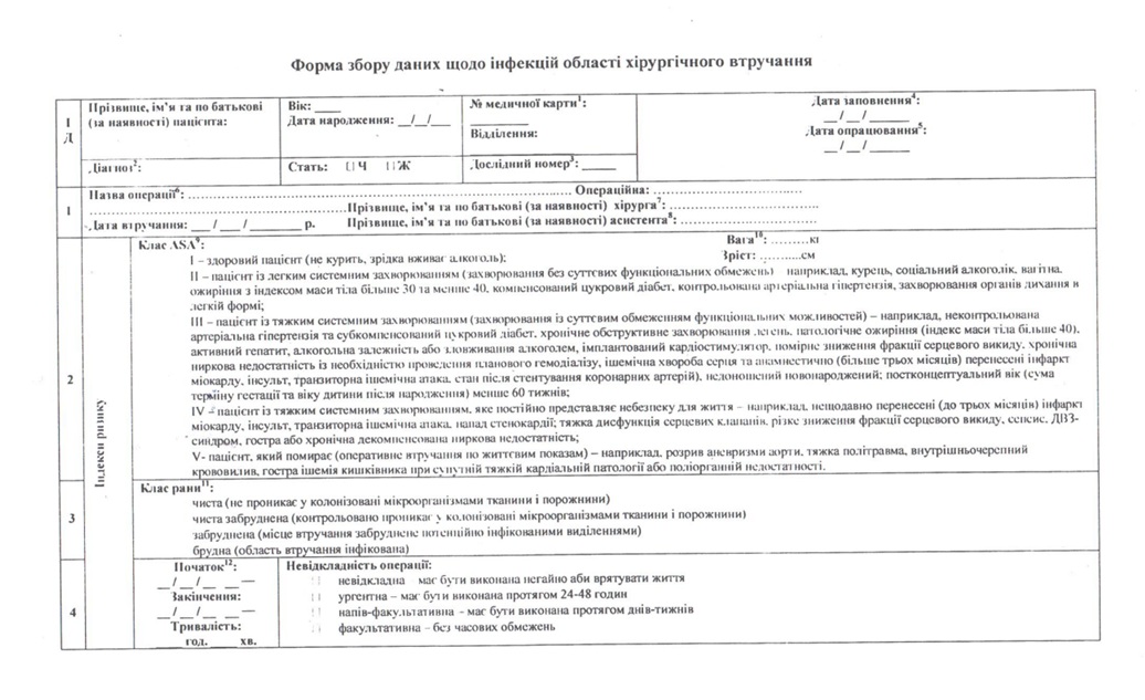 Бланк Форма збору даних щодо інфекцій області хірургічного втручання, А4, папір газетний, 1+1, 1 арк.